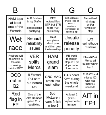 F1 2020 British GP - Silverstone R1 Bingo Card