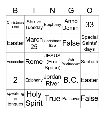 Christian Calendar and Holidays Bingo Card