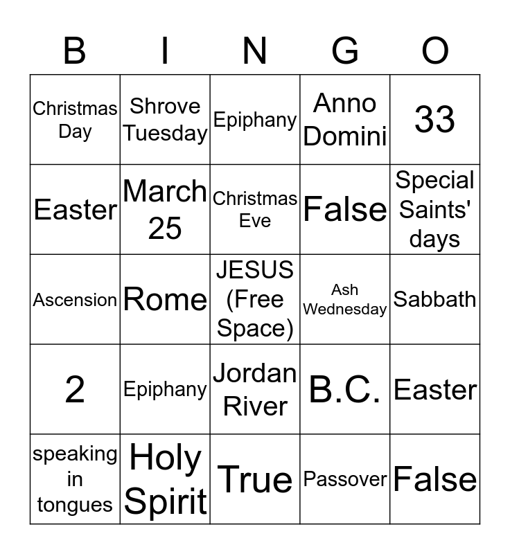 Christian Calendar and Holidays Bingo Card