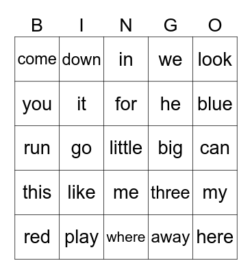 Sight Words Bingo Card