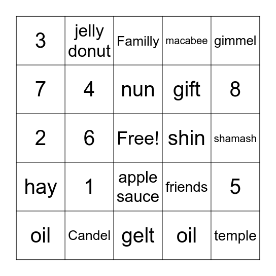 Hanukkah Bingo Card