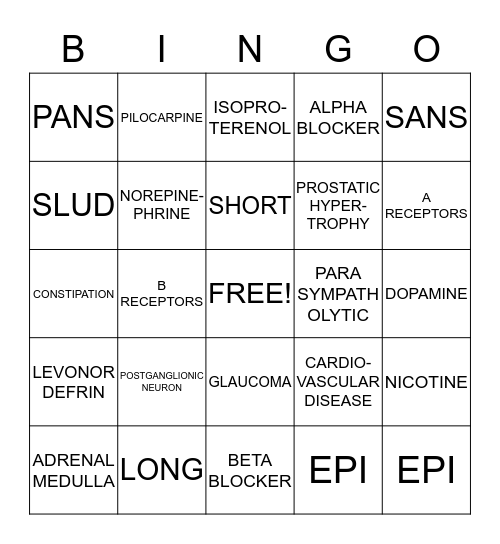 AUTONOMIC DRUGS CHAPTER 4 Bingo Card