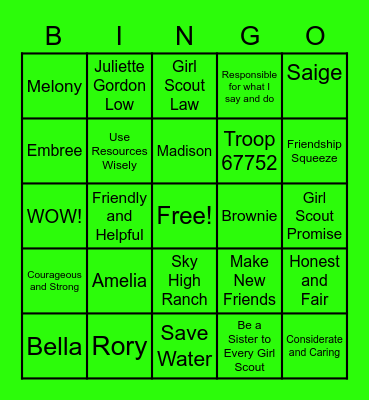 Troop 67752 Girl Scout Bingo! Bingo Card