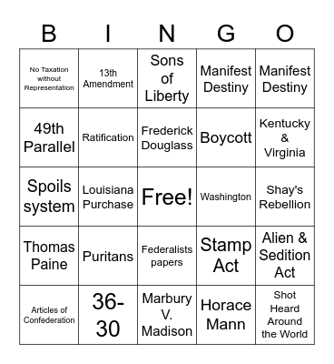 United States History Midterm Review Bingo Card