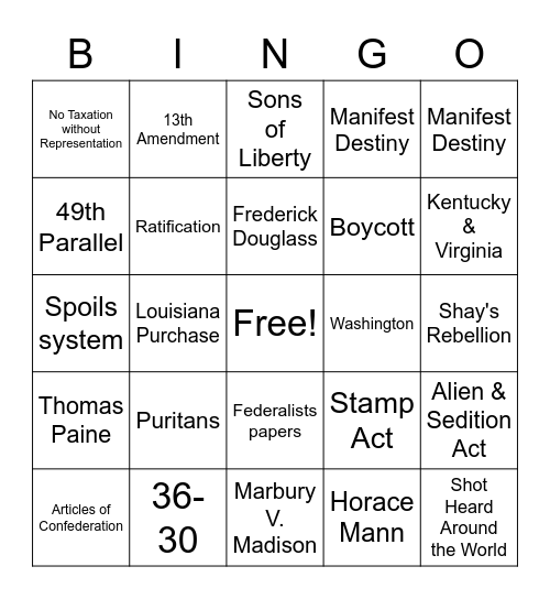 United States History Midterm Review Bingo Card