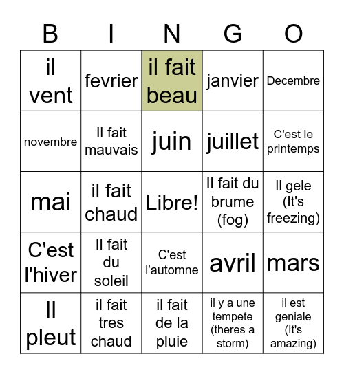 les saisons, les mois, quel temps fait-il ? Bingo Card