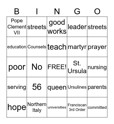 St. Angela  Bingo Card