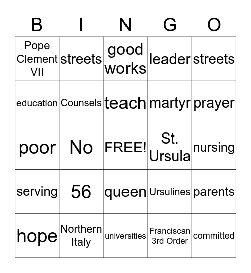 St. Angela  Bingo Card