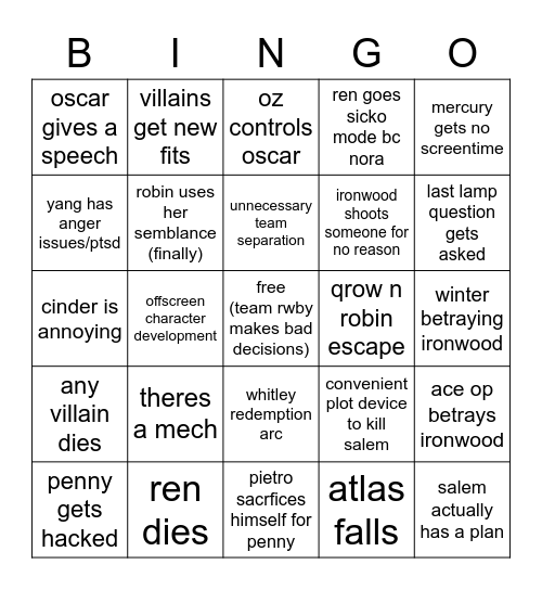 rwby volume 8 Bingo Card