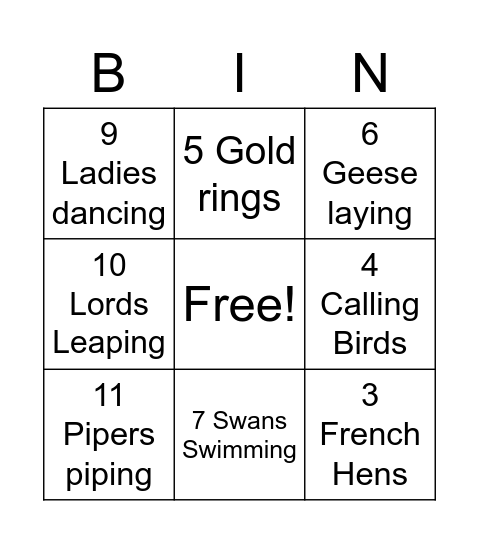 Twelve Days of Christmas Bingo Card