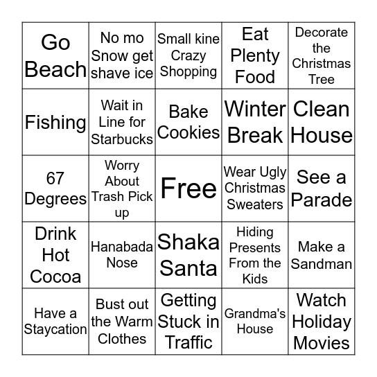 Winter in Hawaii Bingo Card