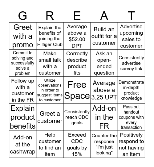 GREAT Customer Service! Bingo Card