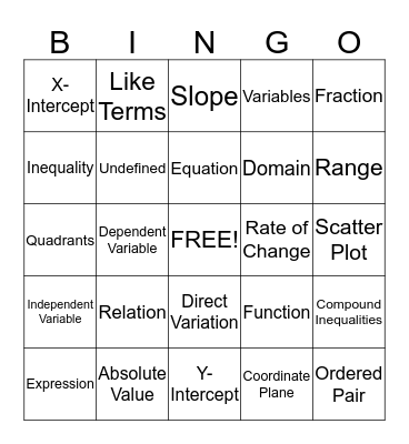 Algebra 1 Vocabulary Bingo Card