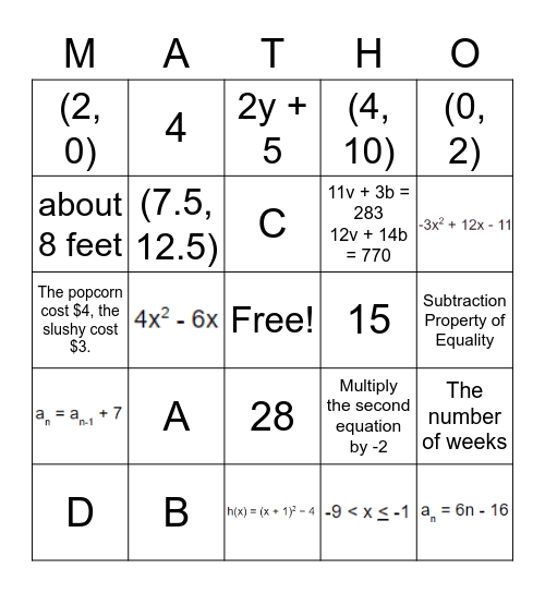 MATHO! Bingo Card