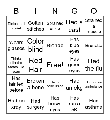 Anatomy Get to Know You Bingo Card