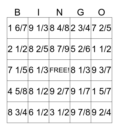 Improper Fraction/Mixed Number Bingo Card
