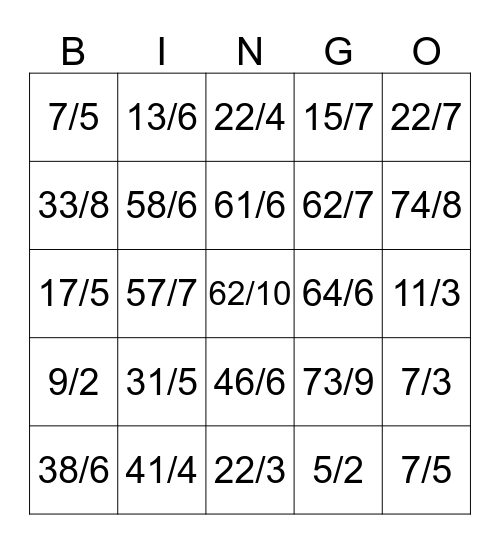 Mixed Number/Improper Fractions Bingo Card