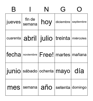 PONGO - Meses, Dias de la semana & mas, Estaciones, Numeros Bingo Card