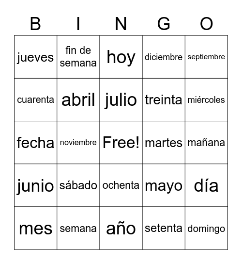 PONGO - Meses, Dias de la semana & mas, Estaciones, Numeros Bingo Card