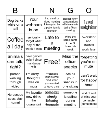 Video Chat/Work from home Bingo Card