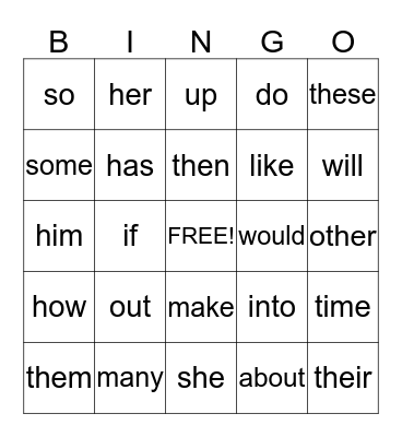 Sight Words Bingo Card