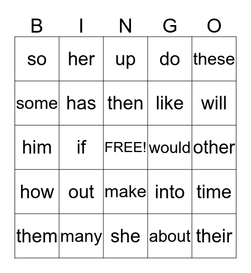 Sight Words Bingo Card