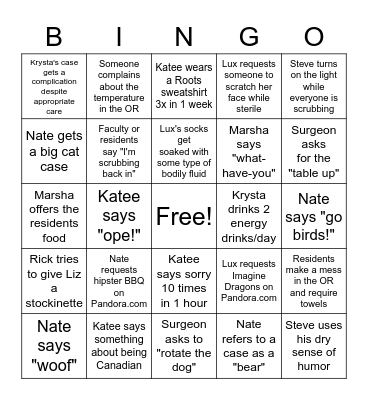 Resident BINGO Card