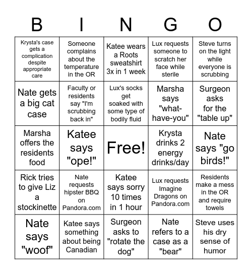 Resident BINGO Card