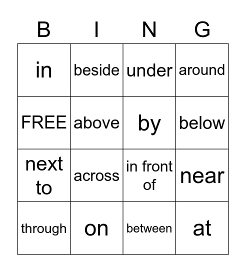 Preposition Bingo Card