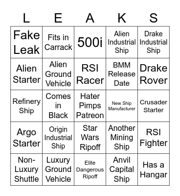SC Leaks Bingo Card