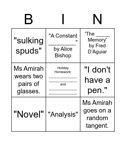 Holiday Homework: ________________________ Bingo Card