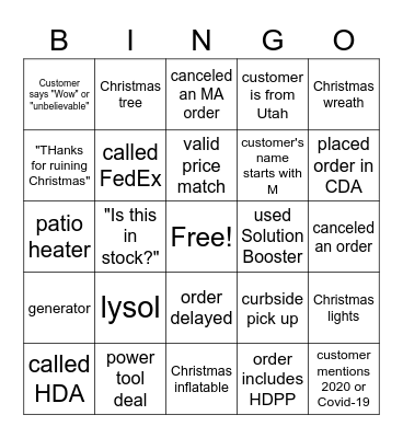 Durrantulas Holiday Bingo Card