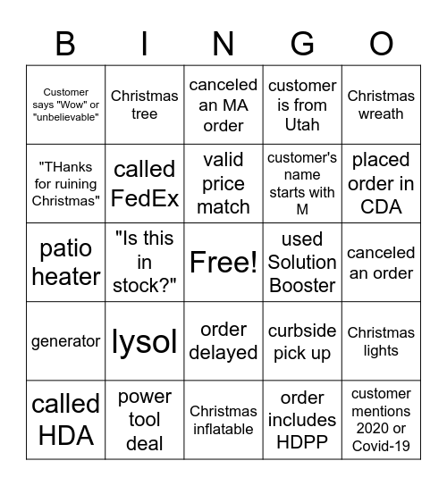 Durrantulas Holiday Bingo Card