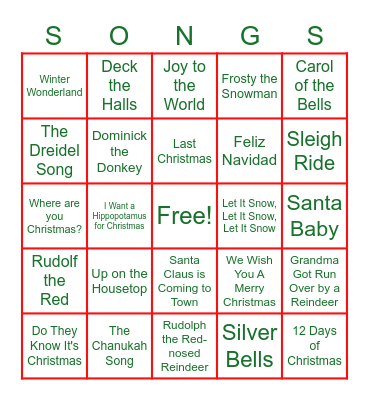 Christmas Carol Bingo Card