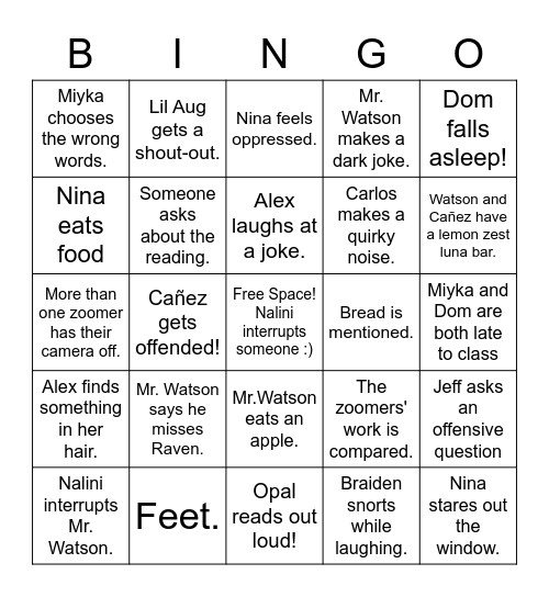 for legal reasons, this is just a joke Bingo Card