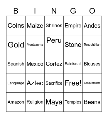 South America and the Aztecs Bingo Card