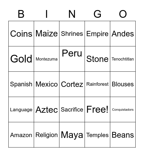 South America and the Aztecs Bingo Card