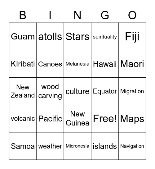 Polynesia Bingo Card