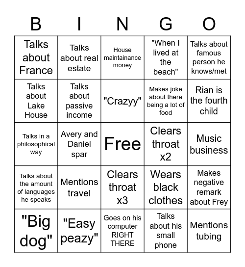 Daniel Bingo Card