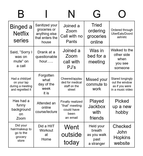 Quarantine Bingo Card