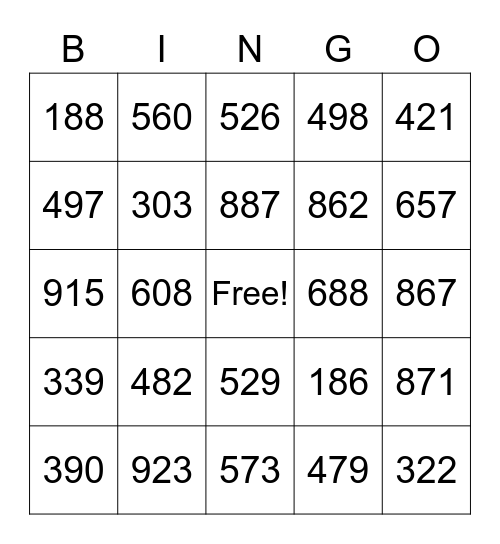 Three Digit Numbers Bingo Card