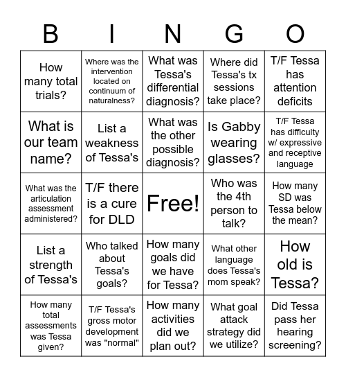 TESSA Bingo Card