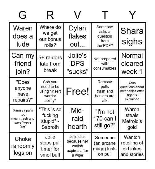 Gravity Raid Bingo Card