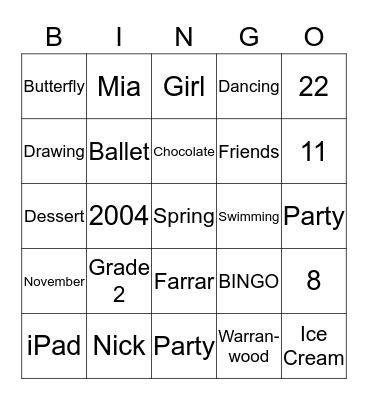 Mia's Party Bingo Card