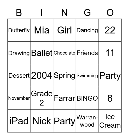 Mia's Party Bingo Card