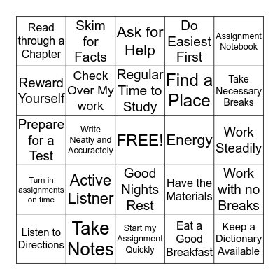 Study/ Test Taking  Bingo Card