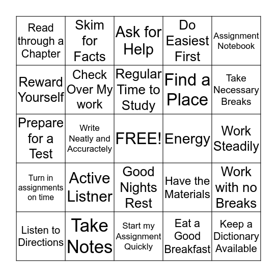 Study/ Test Taking  Bingo Card