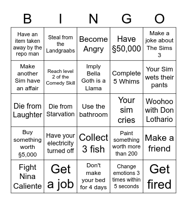 The Sims 4 Bingo Card