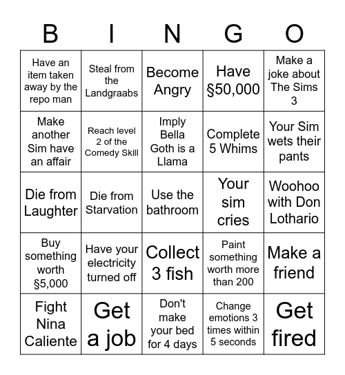 The Sims 4 Bingo Card