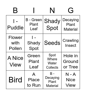 Backyard Ecosystem Services Bingo Card